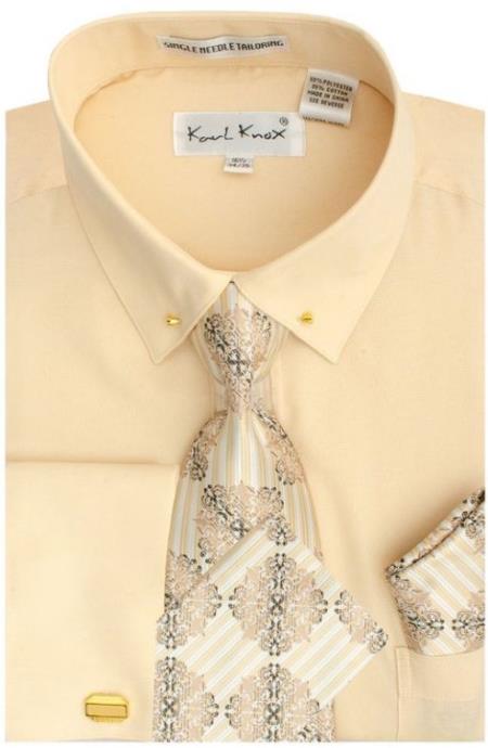 Tan Pin Collar Dress Shirt With Collar Bar