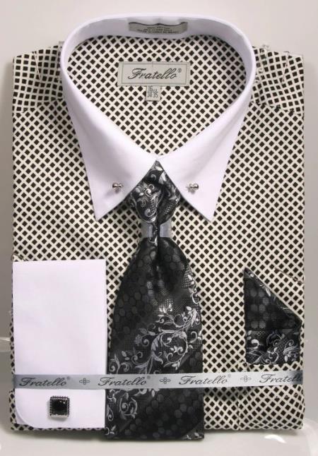 White ~ Navy Pin Collar Dress Shirt With Collar Bar