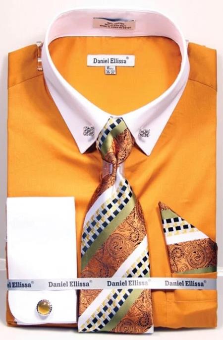 Yellow ~ White Pin Collar Dress Shirt With Collar Bar