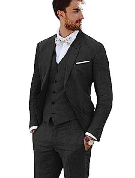 3 Piece Linen Suit - Black Mens Suit - Vested summer Suit