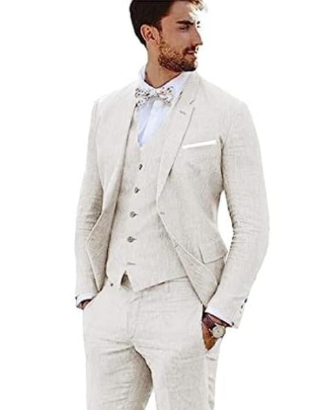 3 Piece Linen Suit - Ivory Mens Suit - Vested summer Suit