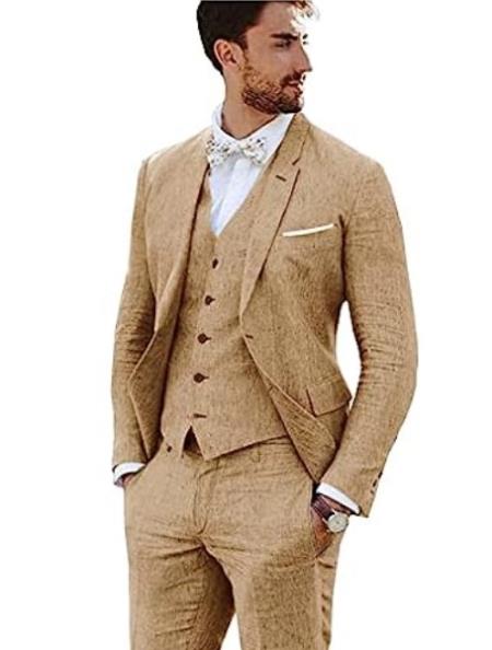 3 Piece Linen Suit - Khaki Mens Suit - Vested summer Suit