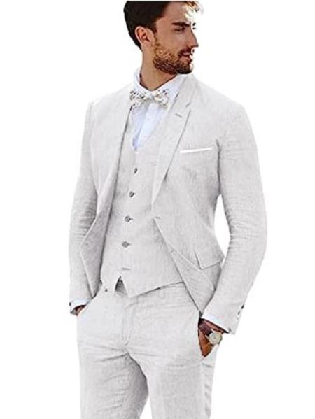 3 Piece Linen Suit - White Mens Suit - Vested summer Suit