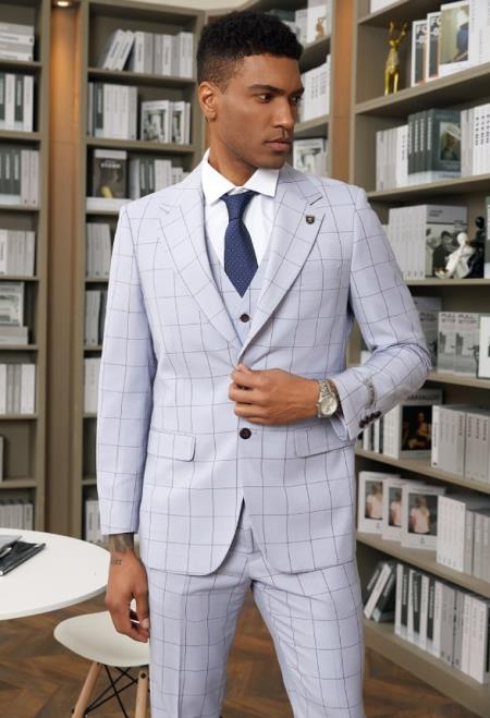 Stacy Adams Mens Windowpane Suit Power Blue