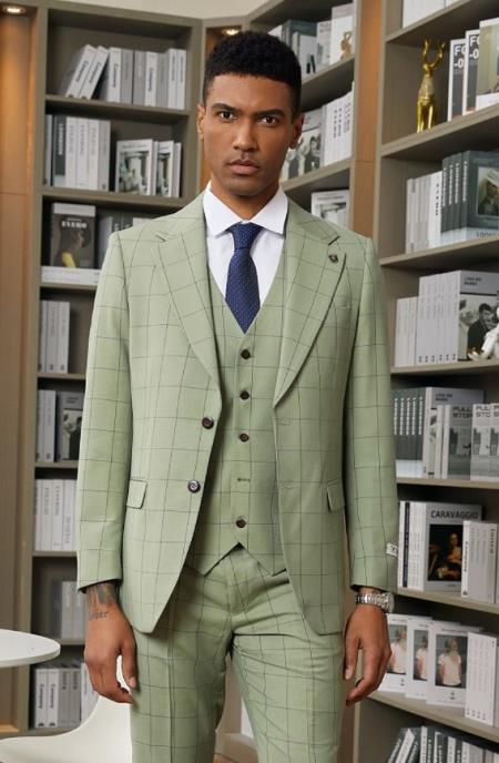 Stacy Adams Mens Windowpane Suit Sage Green