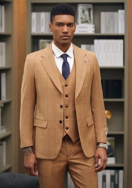 Stacy Adams Mens Windowpane Suit Cognac Rust