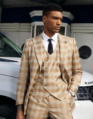 Stacy Adams Mens Plaid Suit Beige