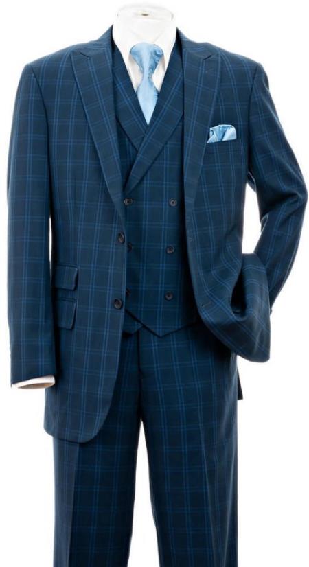 Mens 3 Piece Windowpane Suit Navy Double Breasted Vest