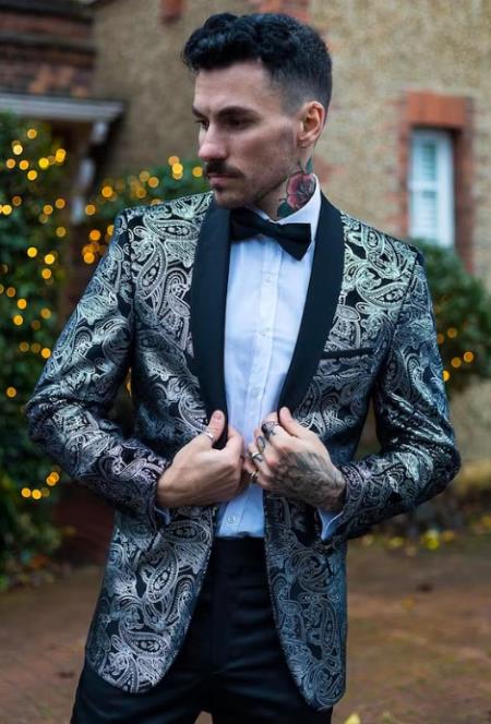 Silver Paisley Suit - Floral Suit - Solid Black Pants + Bowtie