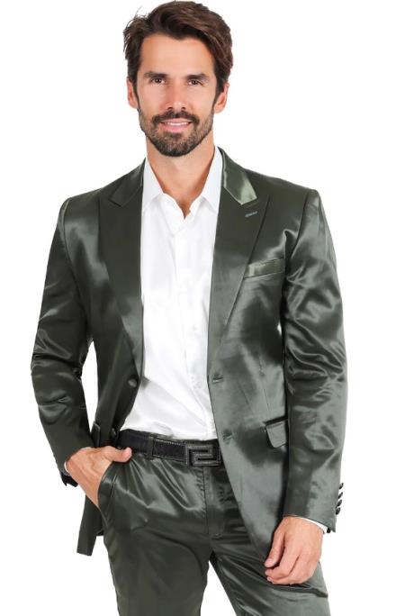 Sateen Suit - Shiny Suit - Olive Sharkskin Suit