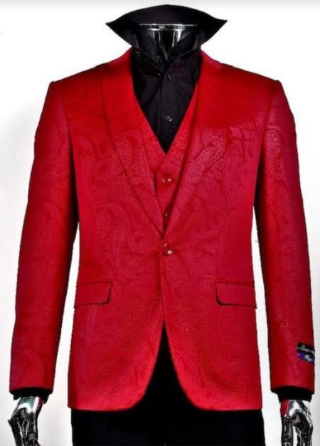 Velvet Paisley Blazer - Comes With Free Vest and Pants - Slim Fit - Red