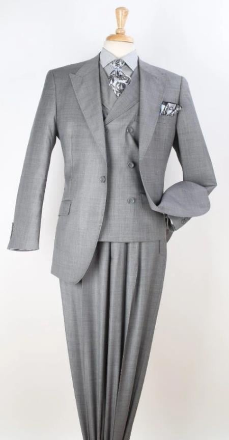 Classic Wool Fabric Fit - Pleated Pants - Peak Lapel With Double Breasted Vest - Athletic Fit Silver Mens Suit