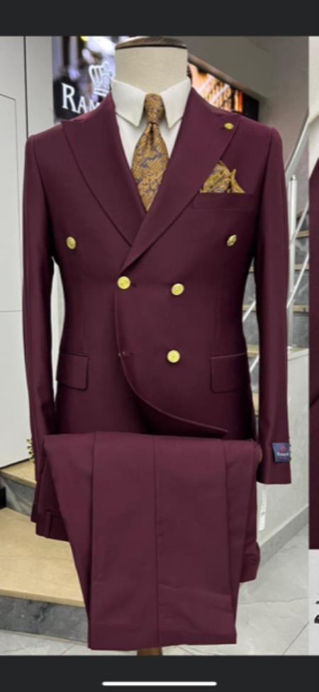 Mens Double Breasted Suits Gold Buttons - 100% Wool Burgundy Suit - Double Breasted Blazer