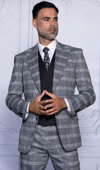 Gray Pattern Plaid Suit - Black Vest Double Breasted Vest - Houndstooth Fabric