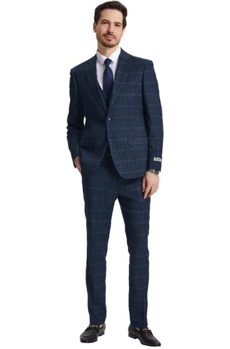 Stacy Adams Notch Lapel Navy Plaid Mens Suit