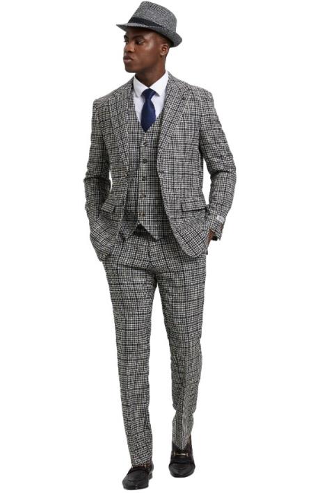 Stacy Adams Notch Lapel White - Black Plaid Mens Suit