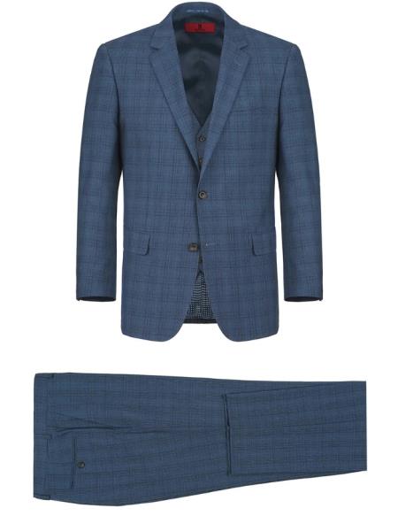 Mens 3-Piece Classic Fit Single Breasted Windowpane Suit Blue