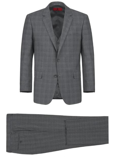 Mens 3-Piece Classic Fit Single Breasted Windowpane Suit Grey