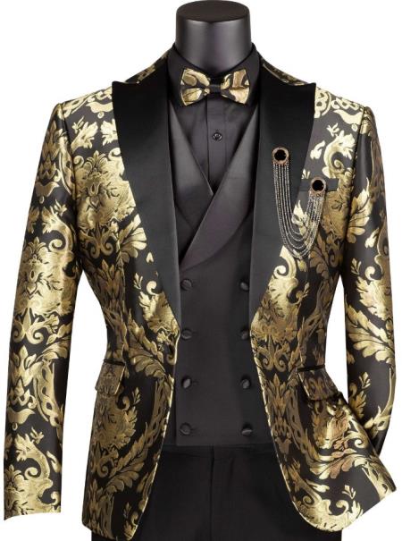 Vinci Mens Black and Gold Modern Fit 3pc Tuxedo Suit