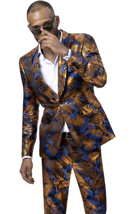 Mens One Button Shawl Lapel Flat Front Pant Suit Blue and Orange