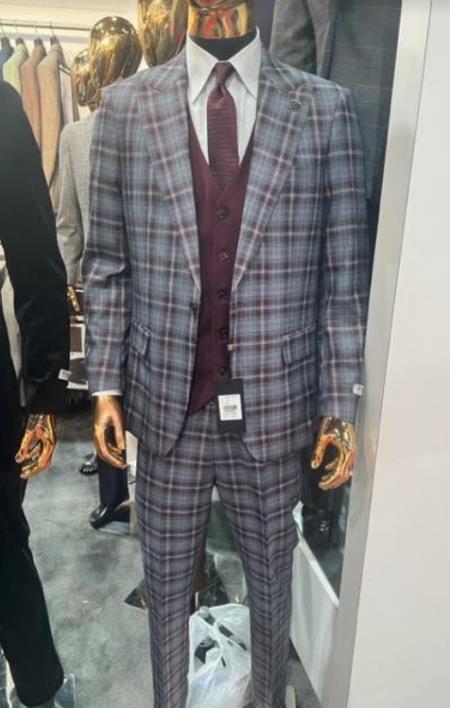 Peak Lapel Suit - Plaid Suit - Windowpane Pattern Color Suit - Gray With Burgundy Mix Pattern