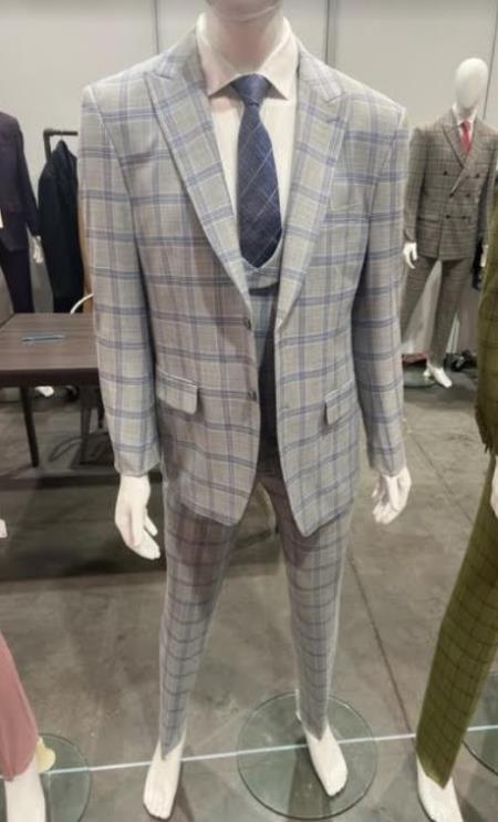 Peak Lapel Suit - Plaid Suit - Windowpane Pattern Color Suit - Gray With Blue Pattern