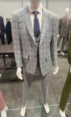 Peak Lapel Suit - Plaid Suit - Windowpane Pattern Color Suit - Gray With Blue Pattern