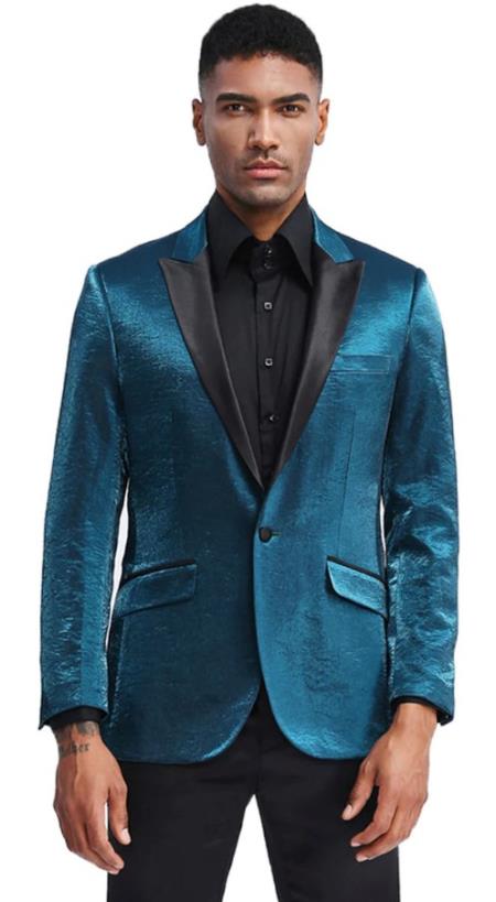 Mens Slim Fit Shiny Satin Prom Wedding Tuxedo Jacket in Turquois