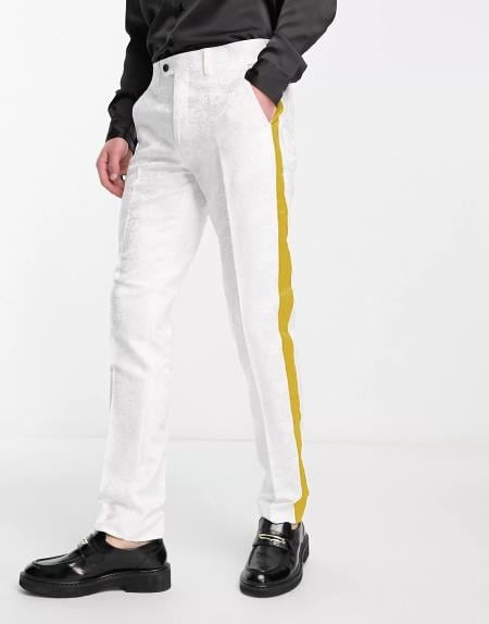 White Tuxedo With Gold Sateen Stripe Pants