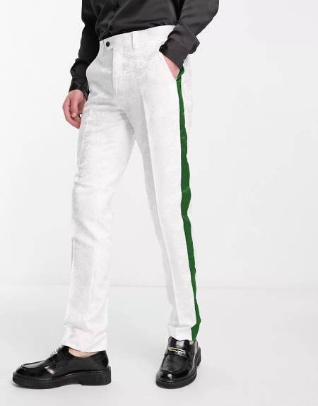 White Tuxedo With Hunter Green Sateen Stripe Pants