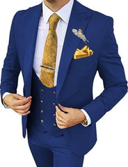 Vested Suits - Peak Lapel Suit - 1 Button Style Suits With Gold Buttons 100% Wool Side Vented - Navy and Gold