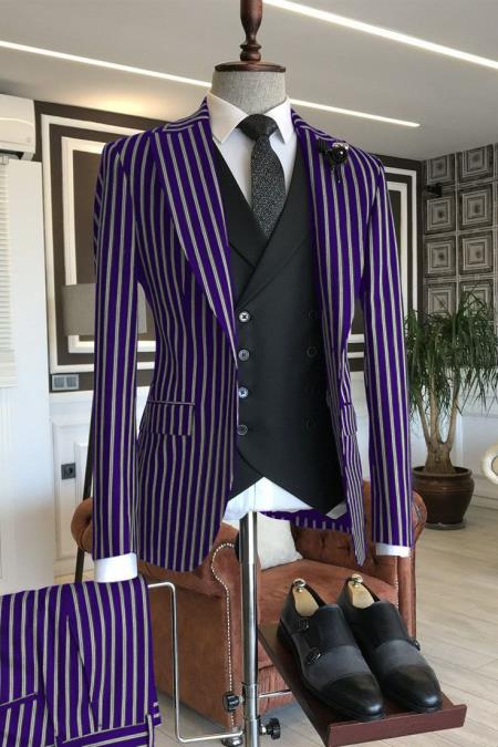 1920s Style Suit - Gangster Suit - Pinstripe Suit - Double Breasted Suits - Purple and White Pinstri